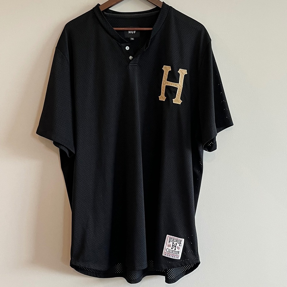 HUF Worldwide Baseball Jersey Black Mesh Henley XXL Embroidered H Logo